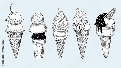 Variety of Ice Cream Cones in Different Flavors and Styles Hand Drawn in Black and White