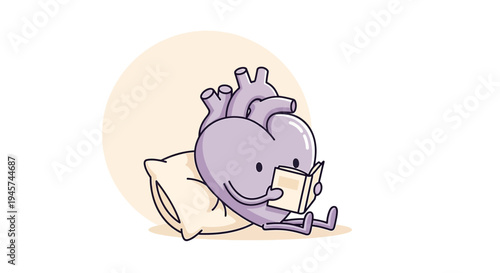 Cute Cartoon Heart Character Reading Book on Pillow, Relaxing Lifestyle