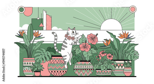 Cute Cat Among Tropical Plants and Flowers, Flat Design Illustration