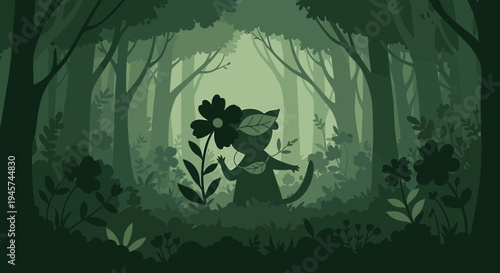 Cute Cat Character in Enchanted Forest, Holding Flower, Paper Cutout Style