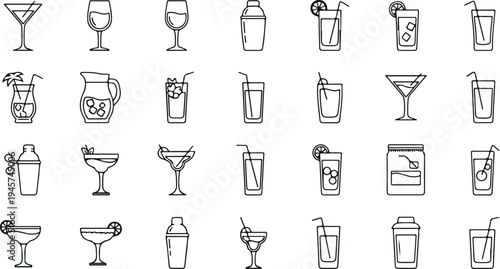 Cocktail and beverage line icons set including martini glass wine shaker tropical drink juice and bar cocktails vector collection
