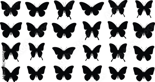 Black butterfly silhouettes collection, insect wing shapes, nature diversity, entomology illustration, vector design, species identification, decorative art pattern