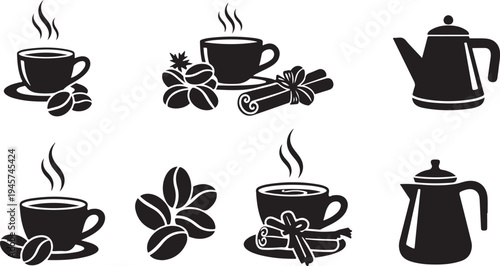 Coffee and Tea Time Icon Set with Steam and Spices
