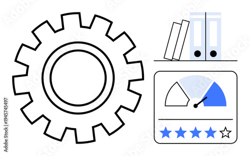 Business performance. Gear productivity, dashboard metrics, and files on a shelf. Business performance tools for monitoring productivity and optimizing operations. Great for business analysis