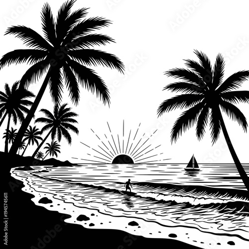 Surfer silhouette at sunset with palm trees and sailboat on tropical beach