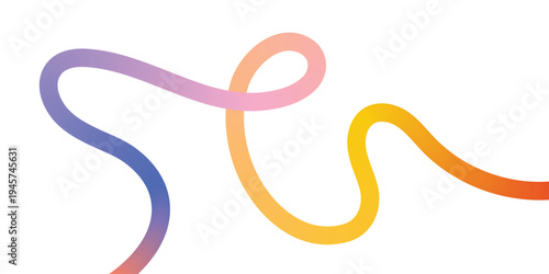 A colorful abstract line art piece featuring a gradient of purple pink orange and red hues on a white background with smooth flowing curves and bends