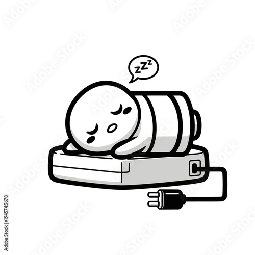 Tired Character Sleeping on Power Bank, Battery Charging Concept