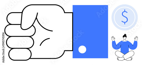 Business strategy, financial balance, decision-making, mindfulness, corporate wellness, focus. A clenched hand, dollar sign and meditating figure. Business strategy and financial balance concept