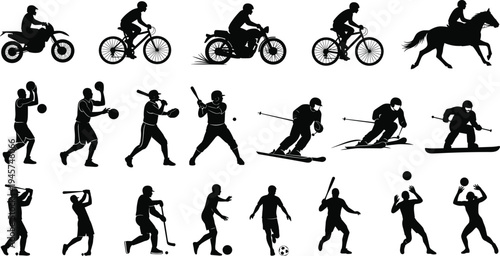 Sports silhouettes, basketball, baseball, soccer, volleyball, skiing, snowboarding, cycling, motorbike, horse riding, golf, hockey, athletic activity, recreation, design
