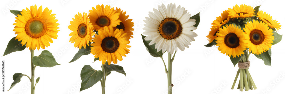 Naklejka premium Sunflowers and white daisies on white background bouquets yellow