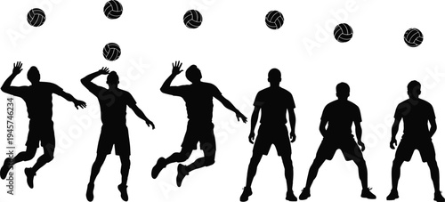 Volleyball jump serve silhouettes, player motion, ball trajectory, athletic sport, training illustration, competitive game, outdoor activity, fitness design, dynamic action, artwork