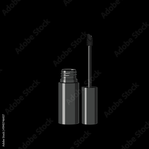 Mascara tube and applicator on black background.