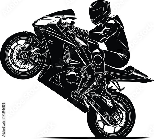 Motorcycle stunt silhouette, sport bike wheelie, rider helmet, protective gear, extreme sport, racing design, motorbike illustration, speed performance, outdoor adventure, artwork
