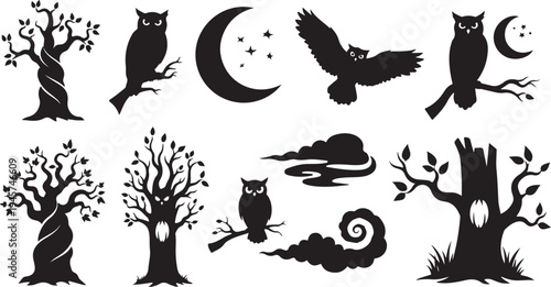 Black Silhouettes of Owls and Trees at Nighttime Scene