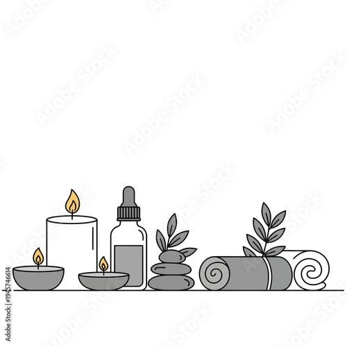 Spa elements illustration with candles and towels.
