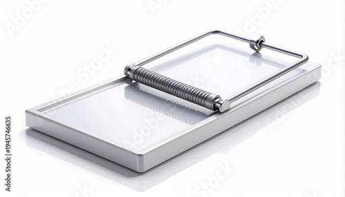 Open white mousetrap with metallic spring and trigger mechanism on a white studio background