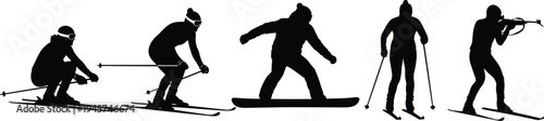 Winter sports silhouettes, skiing, snowboarding, biathlon, downhill skier, snowboard rider, ski poles, outdoor recreation, cold weather activity, athletic design, illustration