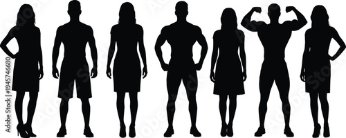 Human body silhouettes, muscular figures, dress shapes, fitness posture, gender representation, physique outline, standing poses, artistic design, health concept, illustration