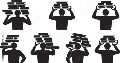 Student carrying stack of books, education workload concept, studying and learning pressure illustration, academic knowledge symbol, vector silhouette