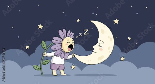 Cute Flower Character Singing to Sleeping Moon Under Starry Night Sky