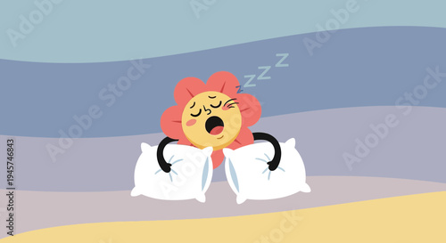 Cute Flower Character Sleeping on Pillows, Cartoon Illustration