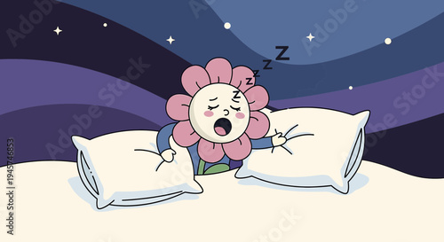 Cute Flower Character Sleeping in Bed Illustration