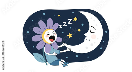 Cute Flower Character Sleeping Under Crescent Moon and Stars