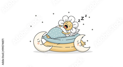 Cute Flower Character Sleeping Peacefully with Moon Pillows