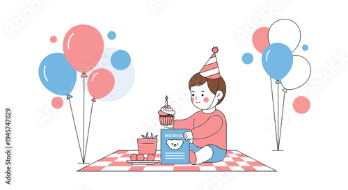 Cute Child Birthday Picnic Celebration with Cupcake and Balloons