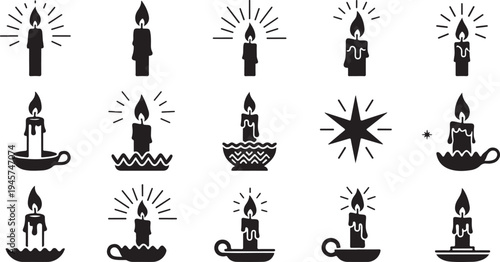 Black and white candle icons with various flame designs