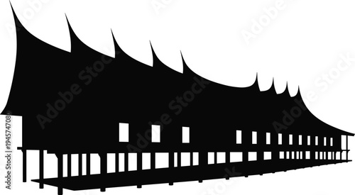 Traditional Thai temple roof silhouette, Southeast Asian architecture landmark, cultural heritage building illustration, historic pavilion design, vector isolated