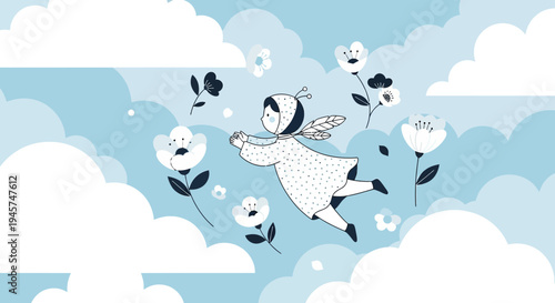 Cute Fairy Flying with Flowers in Cloudy Sky - Whimsical Illustration