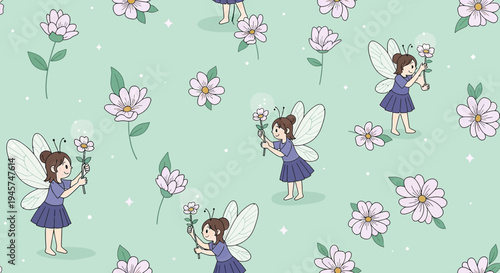 Cute Fairy Pattern with Flowers and Bubbles - Seamless Repeating Design