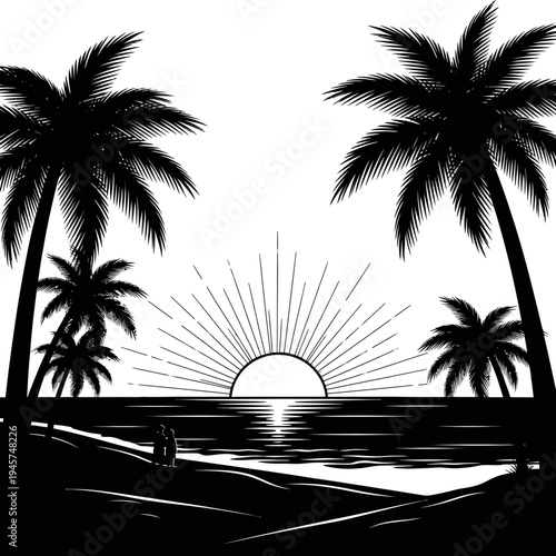 Tropical Beach Sunset Silhouette with Palm Trees and Ocean Waves
