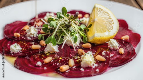 Fresh beet carpaccio with lemon garnish served on white plate overhead shot