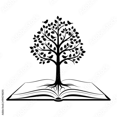 Tree of Knowledge Growing from Open Book, Symbolizing Education, Growth, and Wisdom