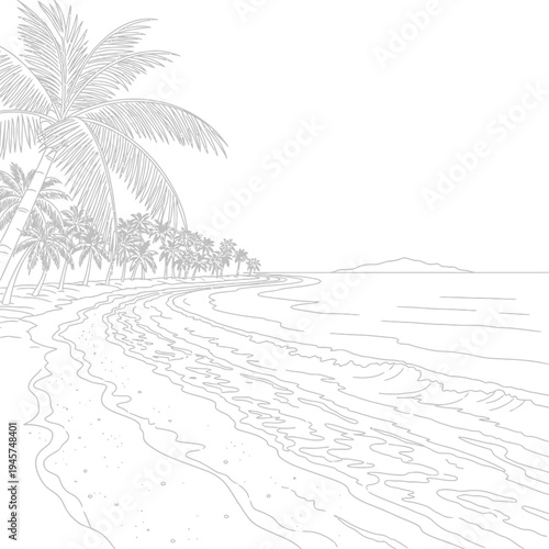 Tropical Beach Shoreline with Palm Trees and Gentle Waves, Serene Coastal Landscape