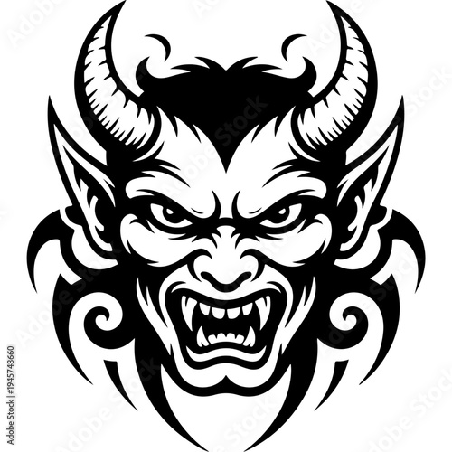 A black and white image of a demon face with horns