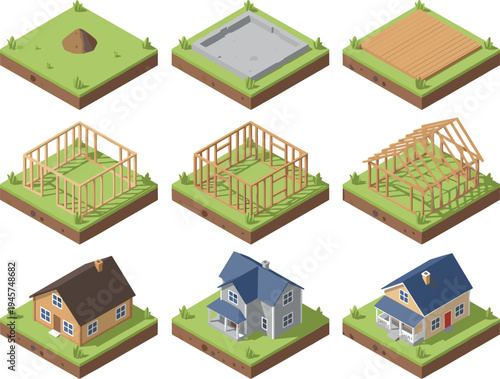 Isometric house construction stages set, building process from foundation frame to finished home architecture development vector illustration collection