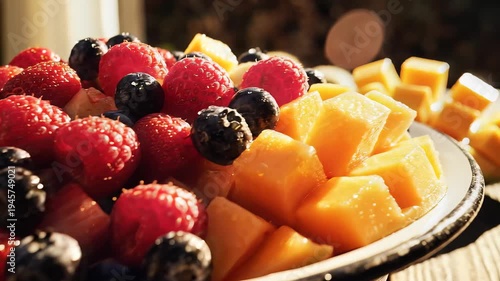 Fresh fruit assortment in a bowl with various berries and sliced fruits