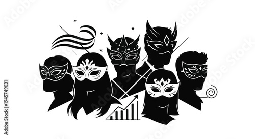 Silhouettes of diverse people wearing ornate Venetian masquerade masks form a unified group graphic element against a stark white background.