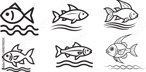 Collection of various fish swimming in water with wavy lines