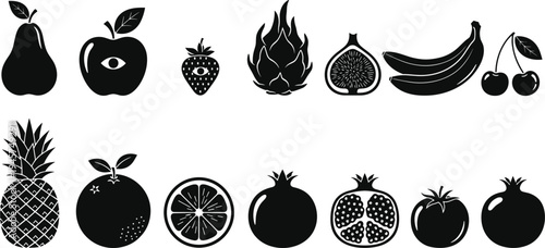 Fruit silhouettes, pear, apple, strawberry, dragon fruit, fig, banana, cherry, pineapple, citrus, pomegranate, tomato, healthy food, artistic design