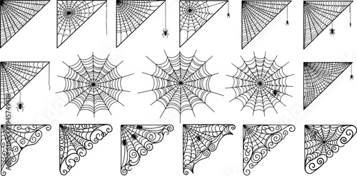 Halloween spider web corner borders and cobweb decorations with spiders, spooky gothic ornamental web elements vector illustration set