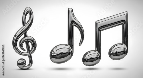 3D metallic music notes and treble clef on white background
