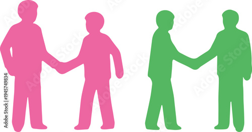 Two pairs of people shaking hands in contrasting colors