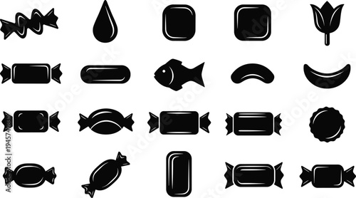 Candy silhouettes, sweet icons, confectionery shapes, dessert design, sugar treats, chocolate outline, lollipop art, wrapped candy, sweets collection, decorative illustration, pattern