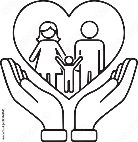 Black line art illustration of a family in a heart protected by hands
