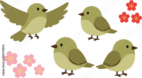 Cute spring birds with cherry blossom flowers, adorable small garden bird cartoon vector illustration set for spring nature and seasonal design