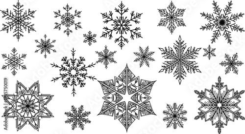 Hand drawn snowflake collection with intricate winter crystal shapes, decorative Christmas snowflakes vector illustration set for holiday design and seasonal decorations